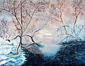 Winter. Snow covered trees. Forest at the frozen river. Oil on canvas.