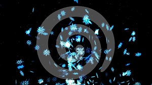 Winter snow crystal falling. Beautiful snow effect on black background. Christmas. CG snowflake loop animation.