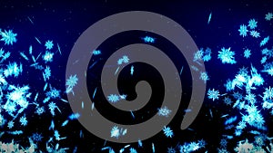 Winter snow crystal falling. Beautiful snow effect on blue background. Christmas. CG snowflake loop animation.