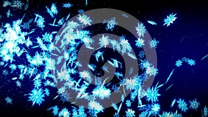 Winter snow crystal falling. Beautiful snow effect on blue background. Christmas. CG snowflake loop animation.