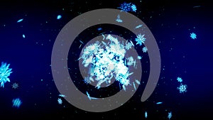 Winter snow crystal falling. Beautiful snow effect on blue background. Christmas. CG snowflake loop animation.