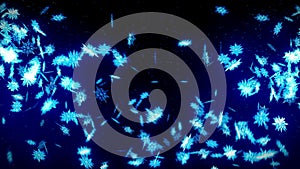 Winter snow crystal falling. Beautiful snow effect on blue background. Christmas. CG snowflake loop animation.