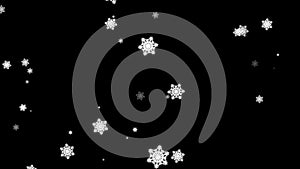 Winter snow with falling snowflakes on black background. Animation of flying snow flakes