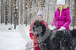 In winter, snow falls in the snowy forest, two little girls play