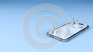 Winter snow field landscape travel destination on mobile phone screen, 3d rendering