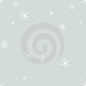 Winter snow flakes christmas seamless background. Falling white glowing snow from sky. Snowflakes decoration vector