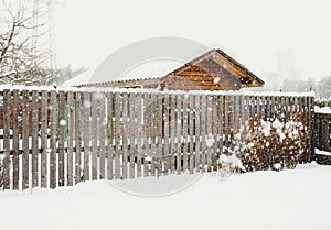 wood fence house building winter snow day