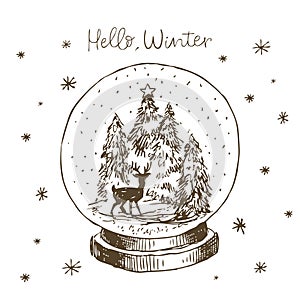 Winter snow globe with Christmas tree, deer and snow inside. Cute hand drawn vector black and white hand drawn line