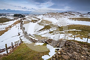 Winter Snow on Hadrian`s Wall above Cawfield Crags