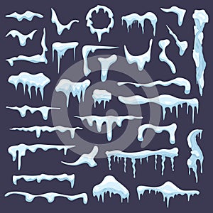 Winter snow icicle. Frosted icy blue borders, frozen snowcap, white icicles ice sign, frosted snow caps isolated vector