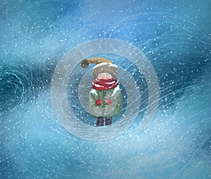 Winter snow illustration. Girl in winter clothes in a snow storm, snowfall. Whirlwinds of snow, wind. Lonely child