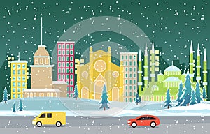 Winter Snow in Istanbul City Cityscape Skyline Landmark Building Illustration