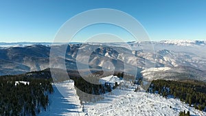 Winter snow landscape. aerial view fly over. majestic snow mountains. tourism resort nature