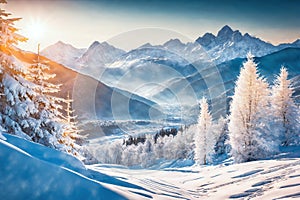 Winter snow landscape. Christmas background. Fir tree forest on ski mountain. Frozen nature view, sun in sunset sky. Frost wood