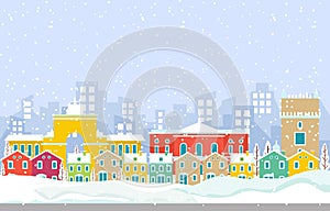 Winter Snow in Lisbon City Cityscape Skyline Landmark Building Illustration