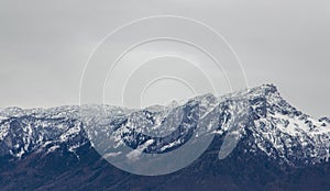 Winter snow mountain ridge landscape nature photography background wallpaper scenic view with gray moody sky