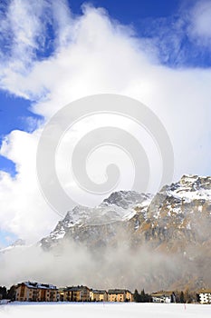 Winter snow mountains landscape and Engadin Valley Sils Maria in the swiss Alps