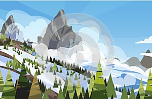 Winter snow mountains vector landscape with fir trees on a blue cloudy sky background. Panoramic snowy nature scene. Vector design