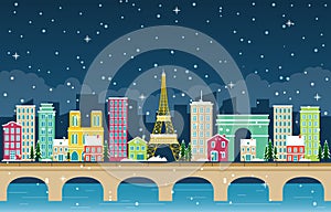 Winter Snow in Paris City Cityscape Skyline Landmark Building Illustration