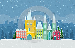 Winter Snow in Prague City Cityscape Skyline Landmark Building Illustration