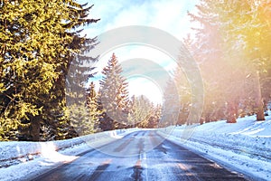 Winter, snow, road, landscape, cold, forest, tree, nature, frost, sky, white, ice, snowy, trees, blue, christmas, season, mountain