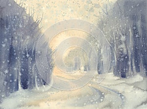 Winter snow road watercolor background. Forest landscape