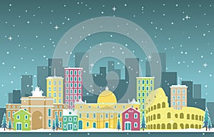 Winter Snow in Rome City Cityscape Skyline Landmark Building Illustration