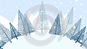 Winter snow rotating landscape background fir trees. 2D animation. Loop footage 4k