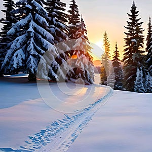 winter snow scene with trees on a sunset