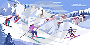 Winter snow ski sport, mountains. People skiers and snowboarders on snowboard and ski, snowy resort landscape. Young men