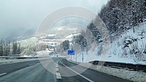 Winter snow slush winter slippery road motorway in Austria, Salzburg
