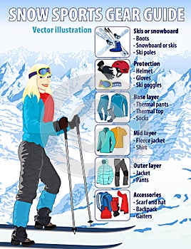 Winter snow sports gear guide infographic vector illustration