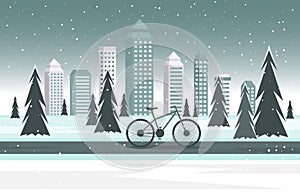 Winter Snow Tree Snowfall City Bike Landscape Illustration