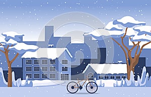 Winter Snow Tree Snowfall City Bike Landscape Illustration