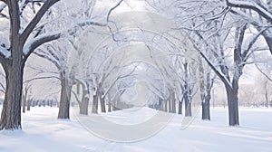 Winter Snow Trees, Park Road Perspective, White Alley Tree Rows convergence