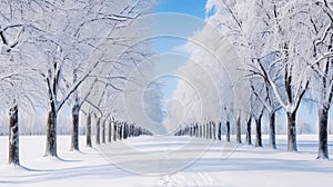 Winter Snow Trees, Park Road Perspective, White Alley Tree Rows convergence