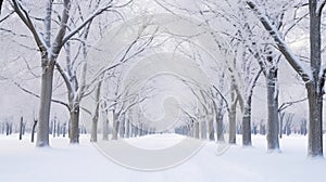 Winter Snow Trees, Park Road Perspective, White Alley Tree Rows convergence