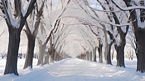 Winter Snow Trees, Park Road Perspective, White Alley Tree Rows convergence