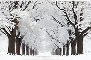 Winter Snow Trees, Park Road Perspective, White Alley Tree Rows