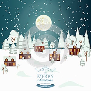 Winter Snow Urban Countryside Landscape City Village Real Estate New Year Christmas Night Background Modern Flat Design Icon Templ