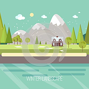 Winter Snow Urban Countryside Landscape City Village Real Estate New Year Christmas Night and Day Background Modern Flat Design Ic