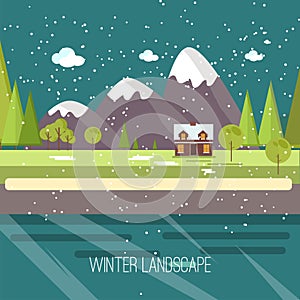 Winter Snow Urban Countryside Landscape City Village Real Estate New Year Christmas Night and Day Background Modern Flat Design Ic