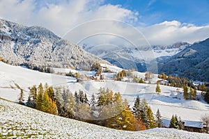 Winter snow, Val di Funes in the Dolomites mountains