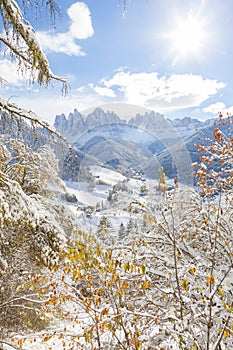 Winter snow in the Val di Funes on the Dolomites mountains