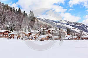 Winter snow village in Austrian Alps, Austria