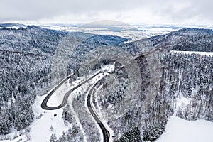 Winter snow winding road Serpentine Switchbacks season aerial photo view near Albstadt