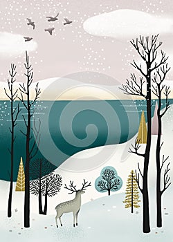 Winter snow woodland nature landscape for Christmas holiday card. Nordic fairy tale forest with tree, river, deer and copy space