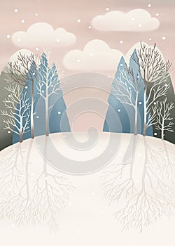 Winter snow woodland nature landscape for Christmas holiday greeting card. Nordic forest with tree, pine, hills and copy space.