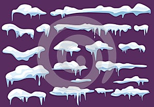 Winter snowcap. Weather decoration elements snow frozen icicles snowflake vector kit