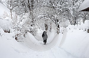 Winter snowdrifts street in village country, cold season weather, alone outside